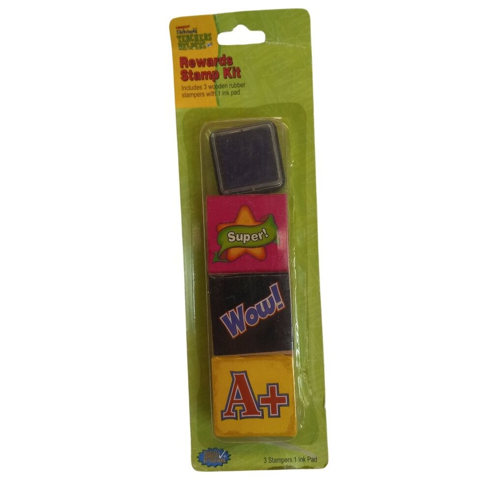 Teachers Treasure Wooden Rubber 3 Stamp Kit Reward Ink Pad NEW